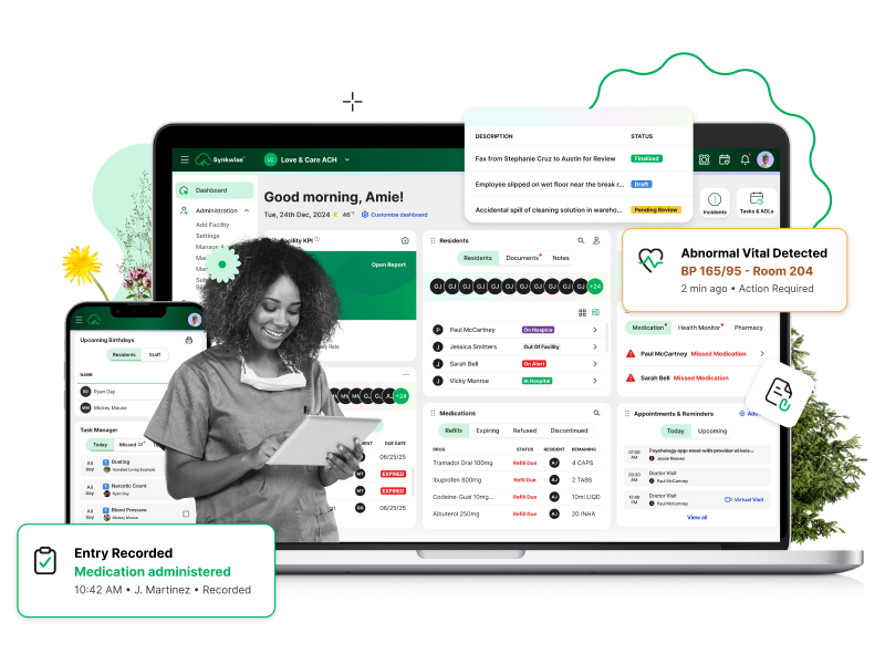Synkwise healthcare software showing dashboard with residents, medications, alerts, and task management