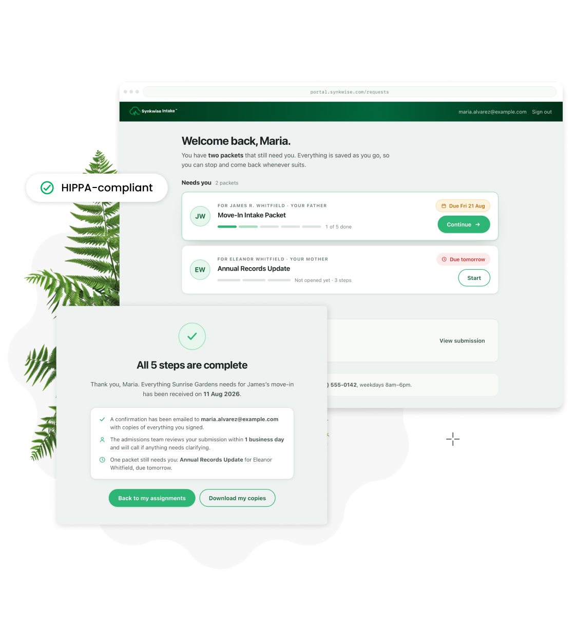 Synkwise Intake family portal showing packet progress and a completed steps confirmation