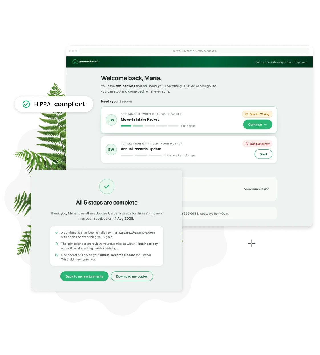 Synkwise Intake family portal showing packet progress and a completed steps confirmation