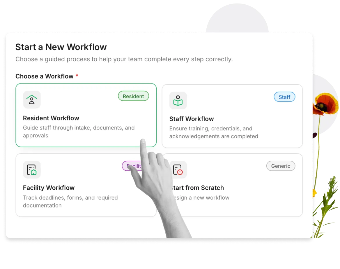 Start a New Workflow dialog with resident, staff, facility, and start-from-scratch options