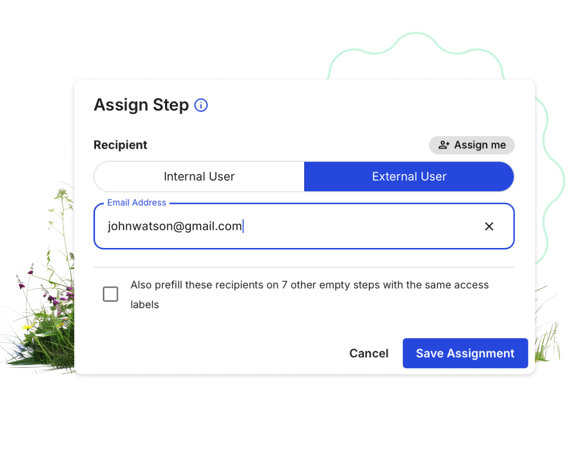 Assign Step dialog sending a request to an external user by email
