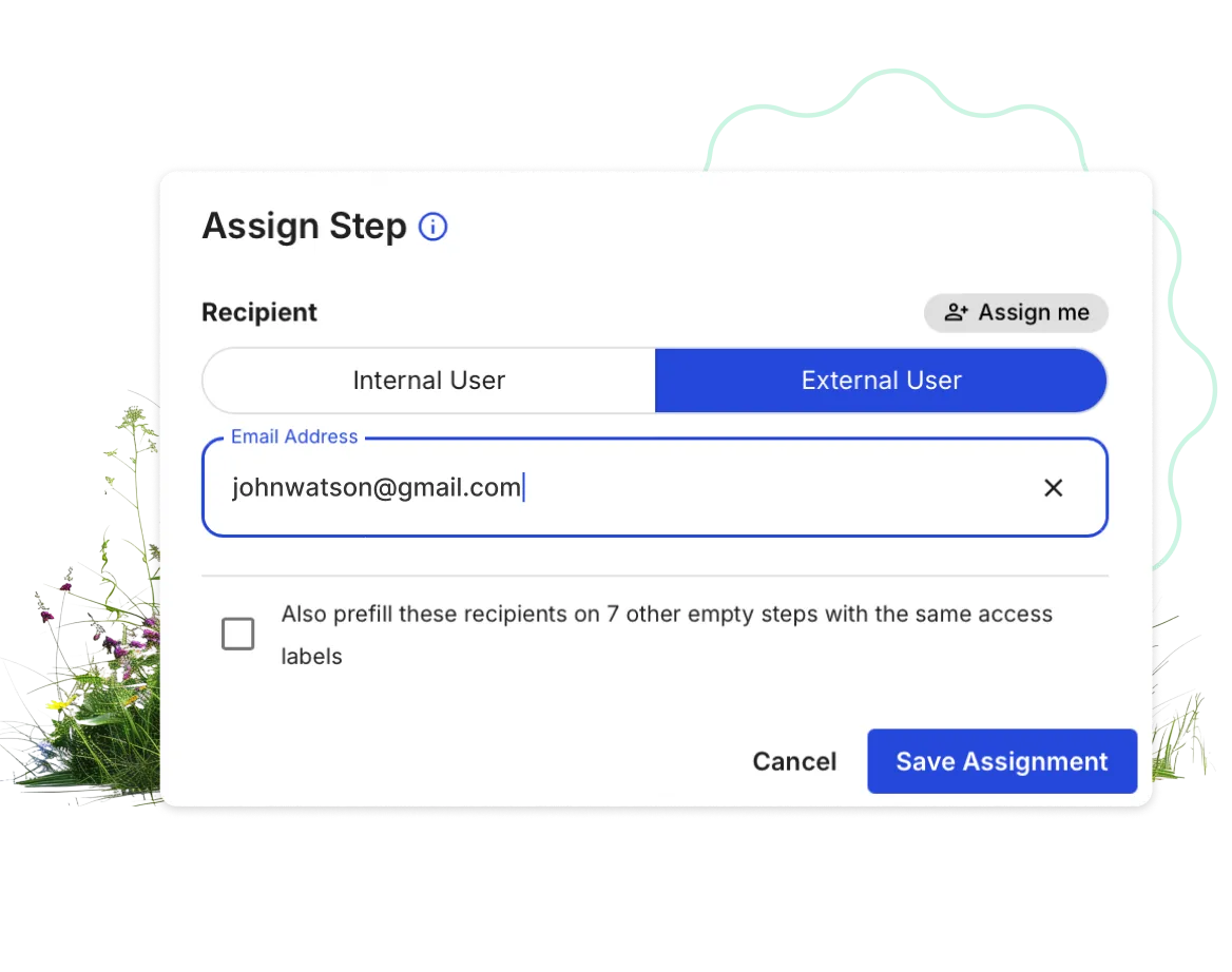 Assign Step dialog sending a request to an external user by email
