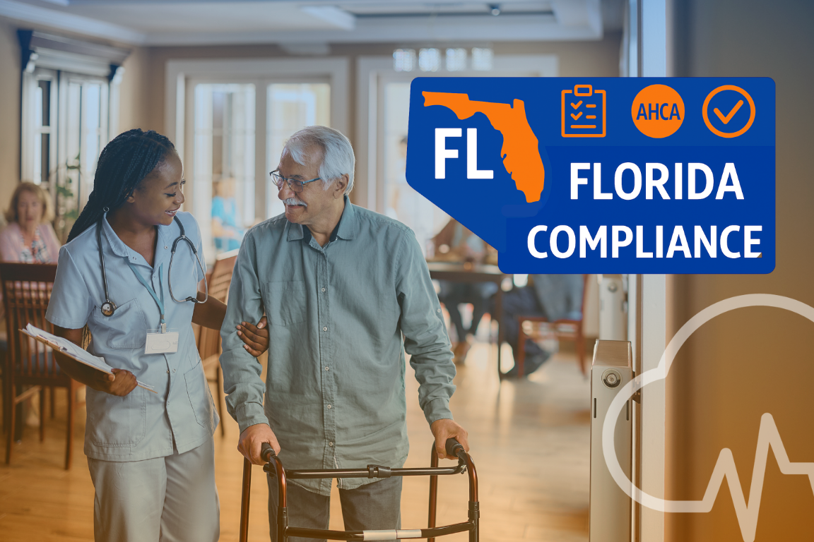 Nurse walking with elderly man inside assisted living facility with Florida Compliance badge overlay
