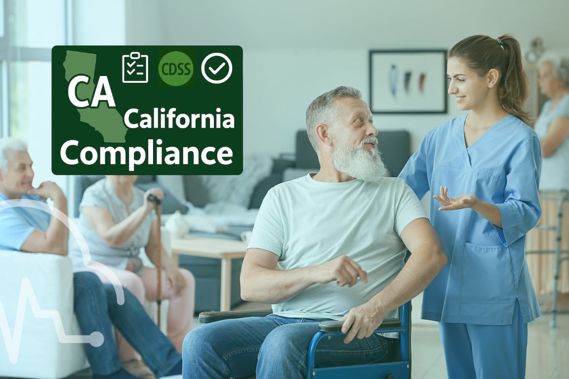Nurse talking to senior man in wheelchair with California Compliance badge in assisted living setting