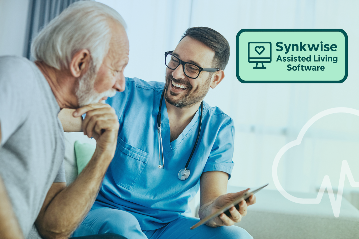 Synkwise Assisted Living Software blog cover showing caregiver with resident using a tablet.