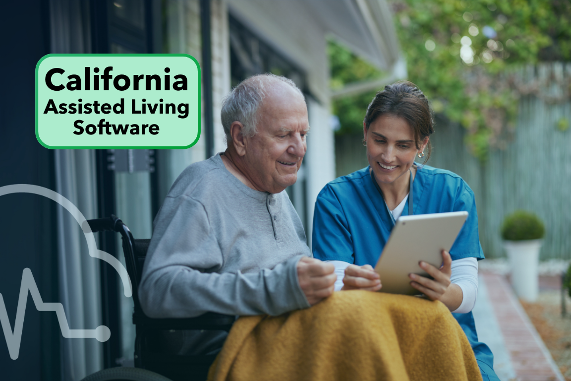Caregiver uses a tablet with a resident in a California residential care home, illustrating Synkwise California assisted living software
