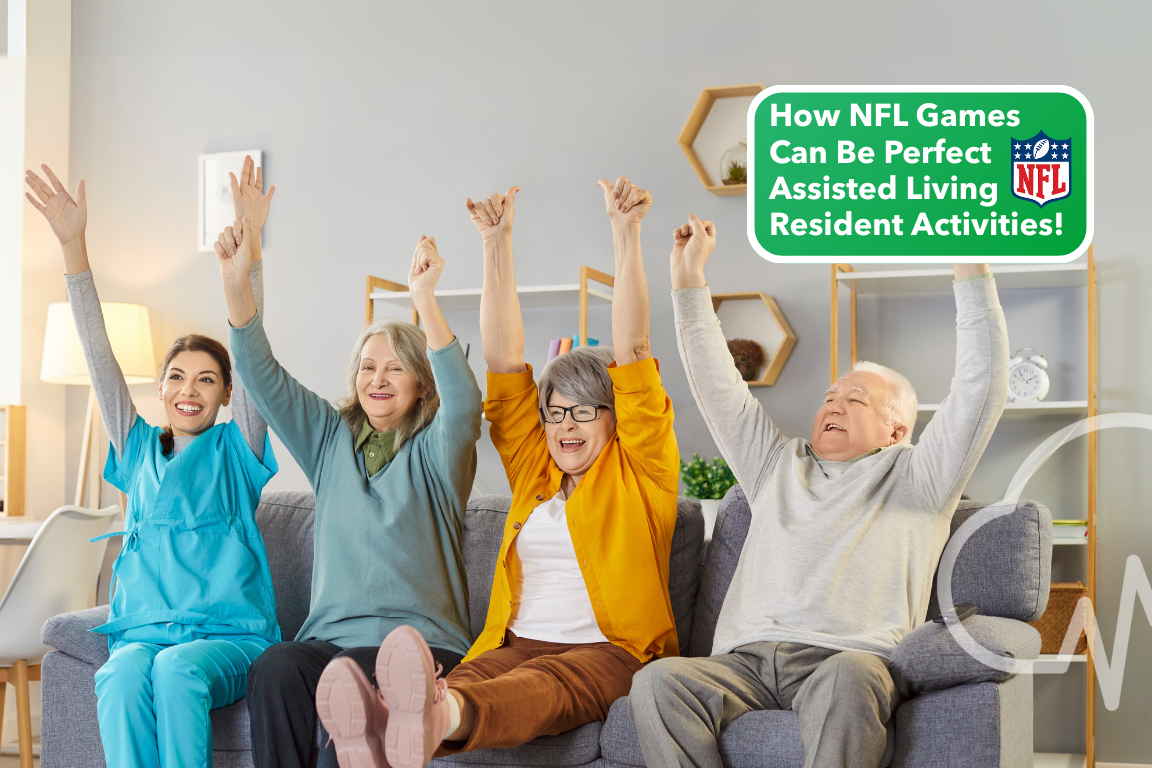 Assisted living residents cheering together during NFL game day as part of resident activities.