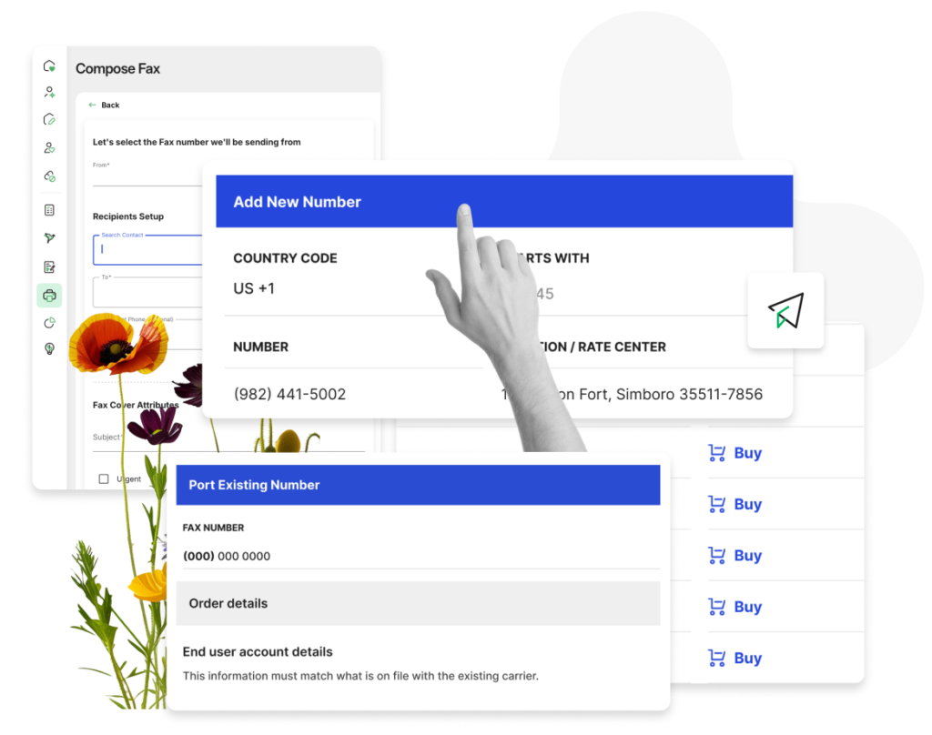 Synkwise screens showing adding new number and composing fax